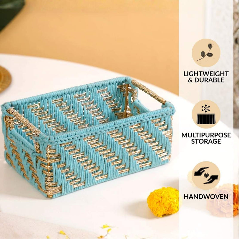 Handwoven Gift Basket With Handles Blue And Gold