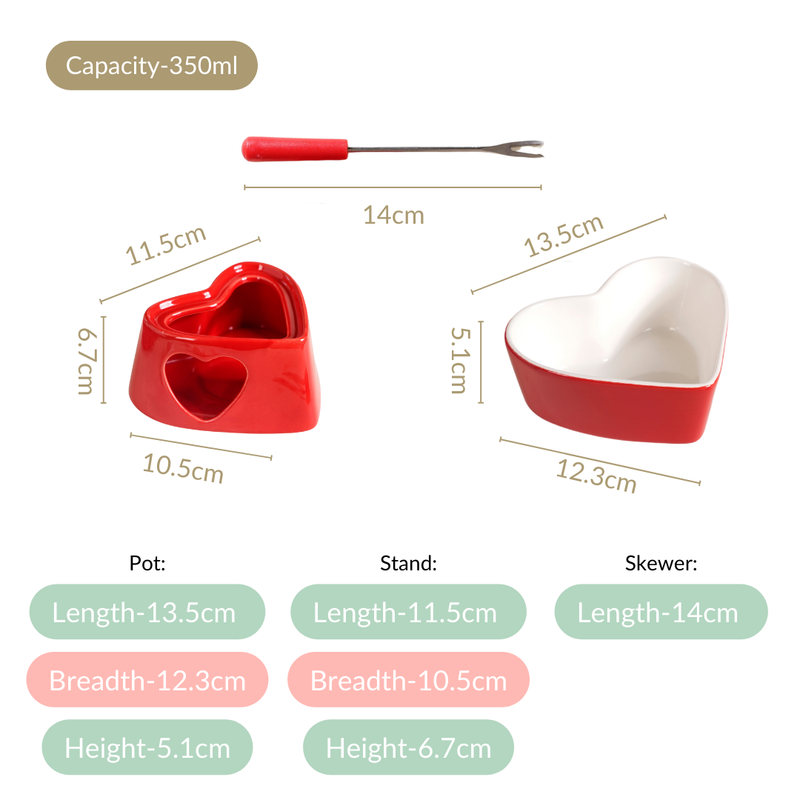 Heart Shaped Ceramic Fondue Set With Dipping Skewers