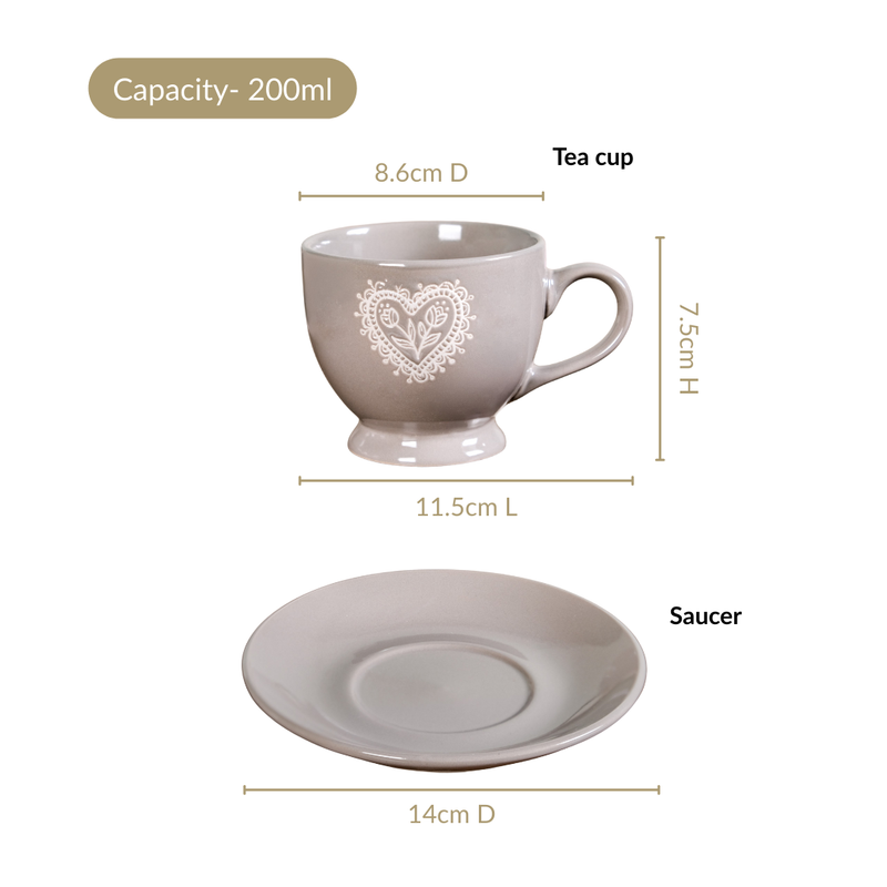 Hearty Ceramic Tea Cup And Saucer Set Of 2 Grey 200ml