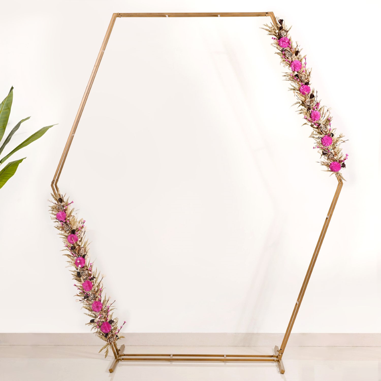 Hexagon Party Decoration Backdrop Metal Frame With Pink Flower Decor 100 Inch