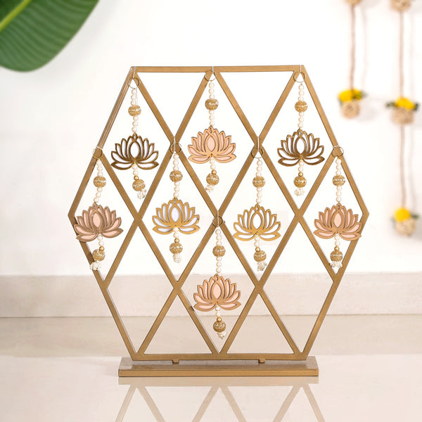 Hexagonal Puja Backdrop Metal Frame With Lotus Hangings