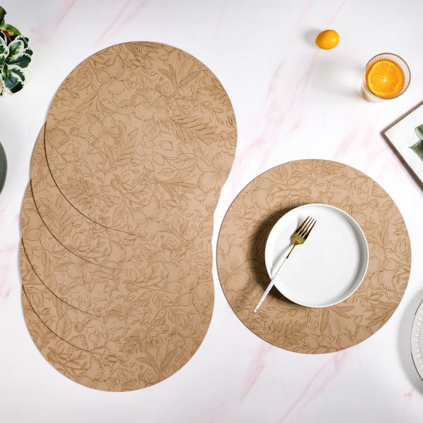 Beige Embossed Hibiscus Round Placemats Set Of 6