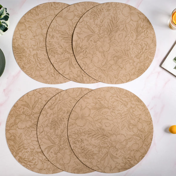 Beige Embossed Hibiscus Round Placemats Set Of 6