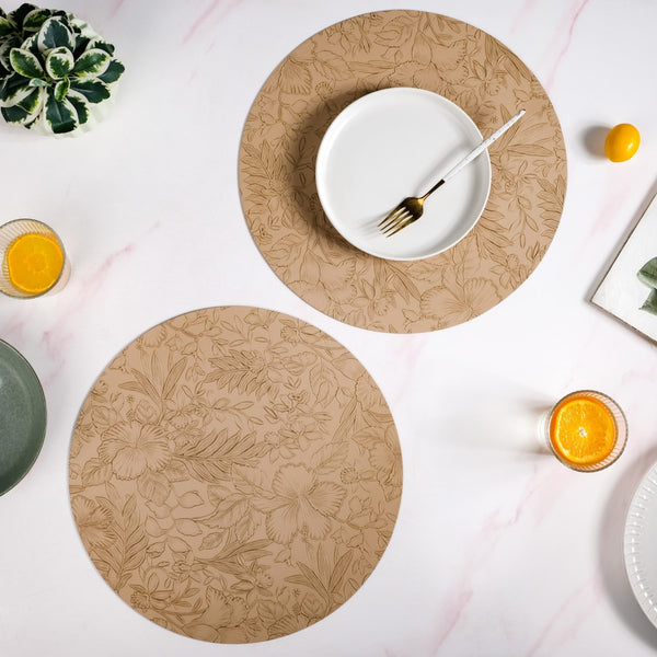 Beige Embossed Hibiscus Round Placemats Set Of 6