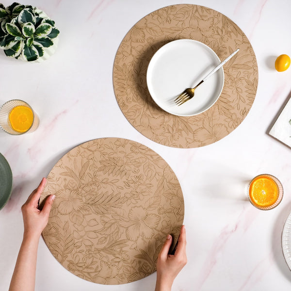 Beige Embossed Hibiscus Round Placemats Set Of 6