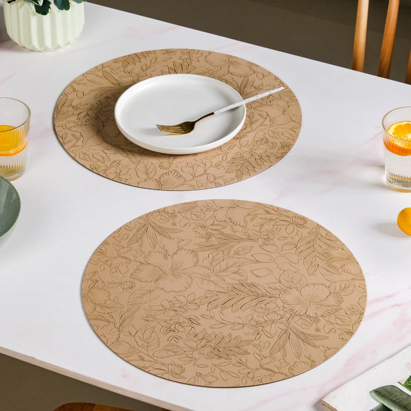 Beige Embossed Hibiscus Round Placemats Set Of 6