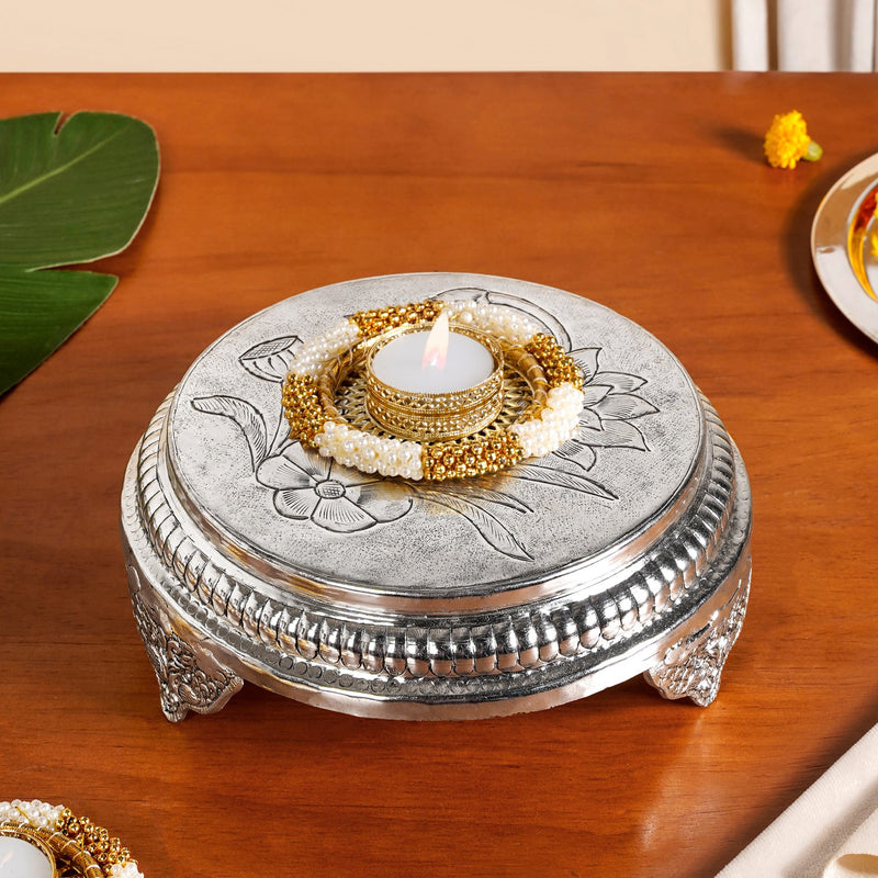 Hibiscus Round Pooja Chowki Silver