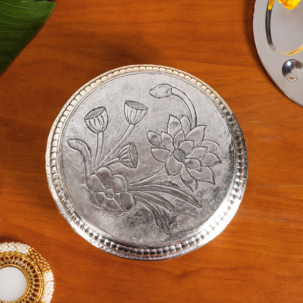 Hibiscus Brass Pooja Chowki With Silver Polish 22x8cm
