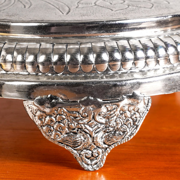 Hibiscus Brass Pooja Chowki With Silver Polish 22x8cm