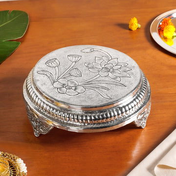 Hibiscus Round Pooja Chowki Silver