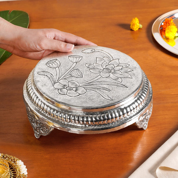 Hibiscus Brass Pooja Chowki With Silver Polish 22x8cm