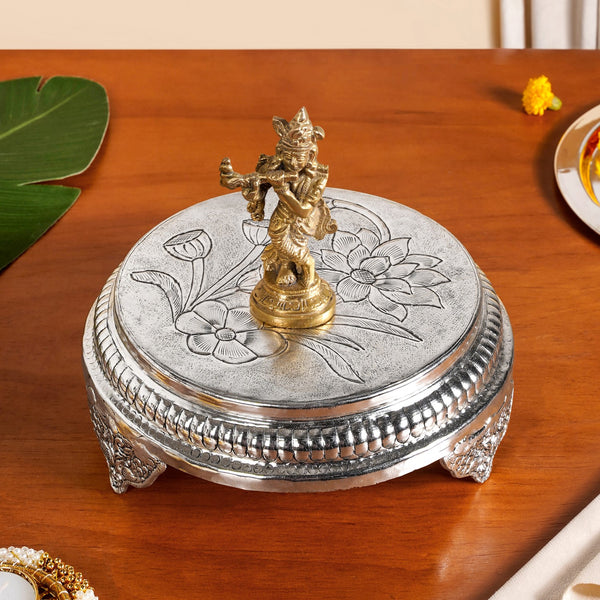 Hibiscus Brass Pooja Chowki With Silver Polish 22x8cm
