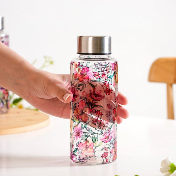 Tropical Hibiscus Borosilicate Glass Water Bottle With Stainless Steel Lid 500ml