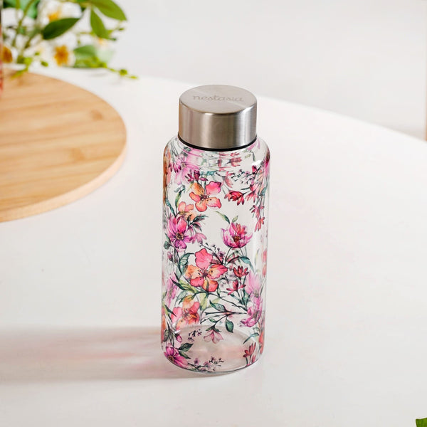 Tropical Hibiscus Borosilicate Glass Water Bottle With Stainless Steel Lid 500ml