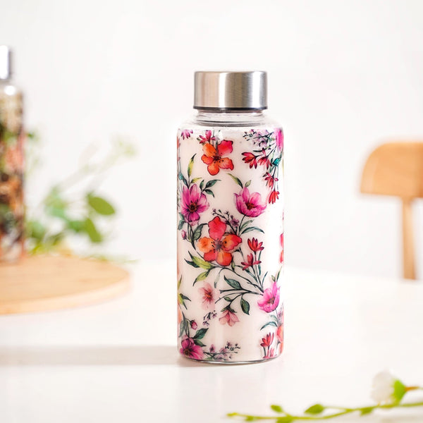 Tropical Hibiscus Borosilicate Glass Water Bottle With Stainless Steel Lid 500ml