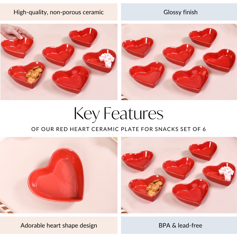 Red Heart Ceramic Plate For Starters Set Of 6 - Snack plate, chip and dip plate, snack plates, snack serving plates, small plates for snacks