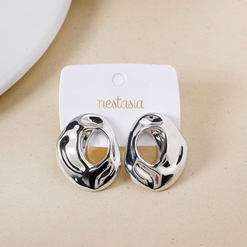 Fluid Hollow Oval Silver Statement Earrings