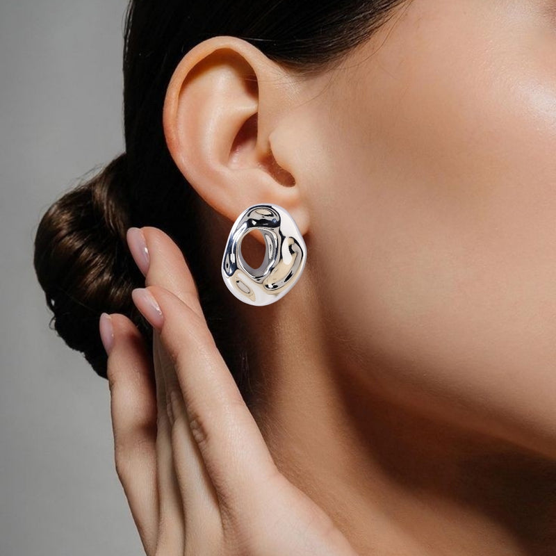 Fluid Hollow Oval Silver Statement Earrings
