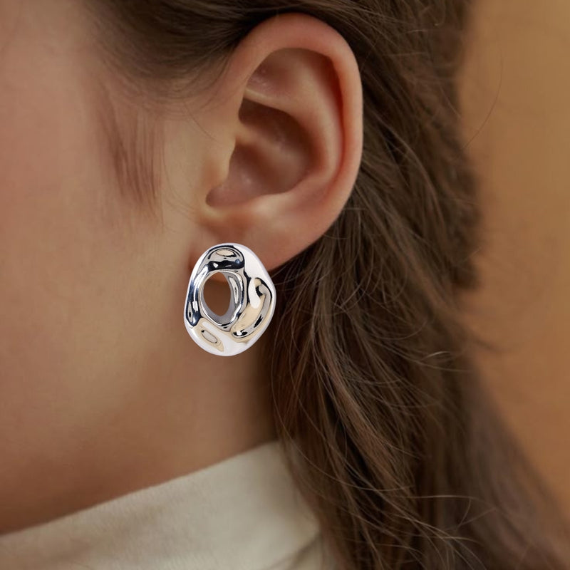 Fluid Hollow Oval Silver Statement Earrings