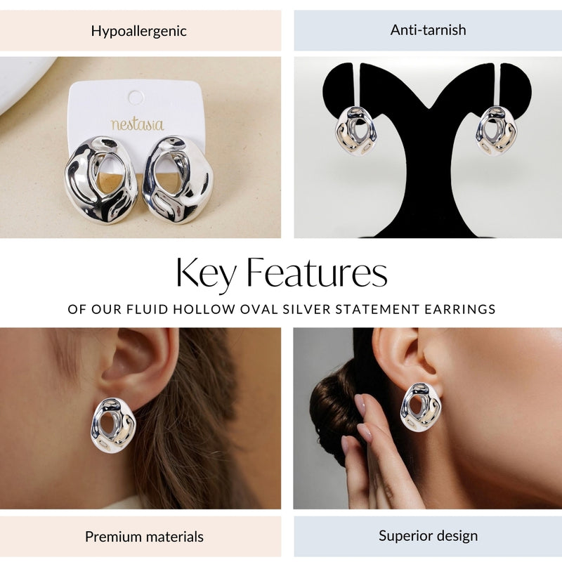 Fluid Hollow Oval Silver Statement Earrings