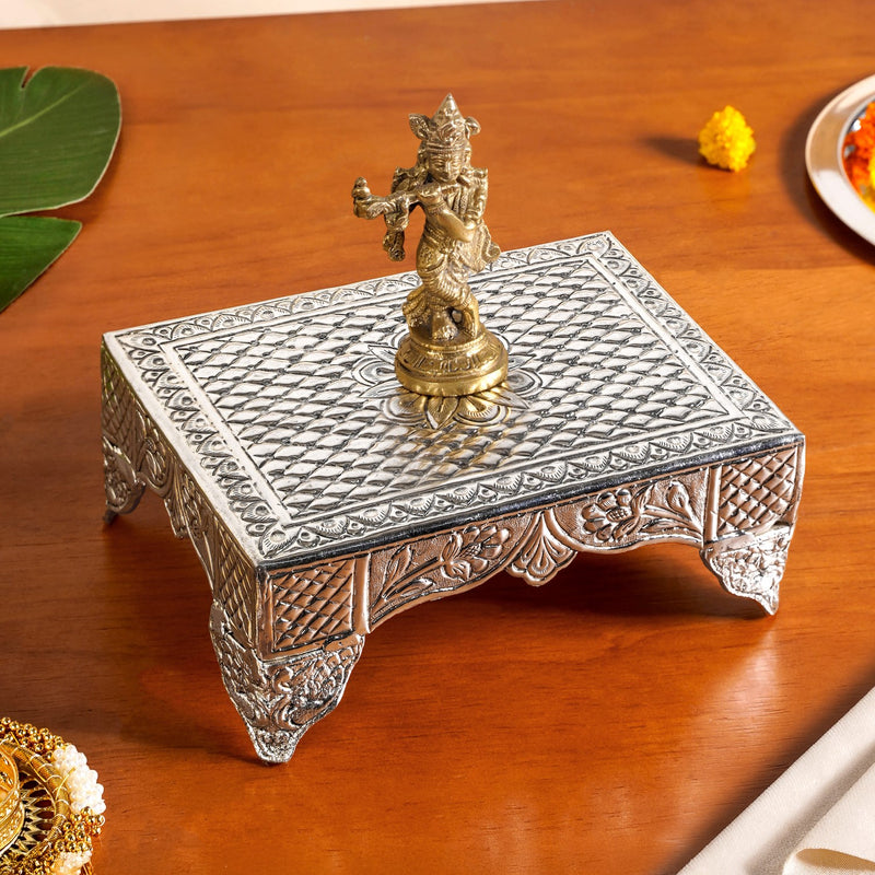 Flora Rectangle Pooja Chowki Silver
