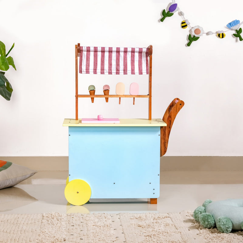 Pretend Play Creative Wooden Ice Cream Cart With Ice Cream