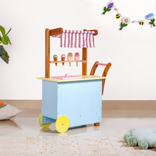 Pretend Play Creative Wooden Ice Cream Cart With Ice Cream