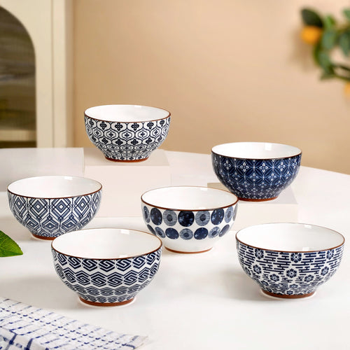 Indigo Charm Ceramic Snack Bowl Set Of 6 350ml