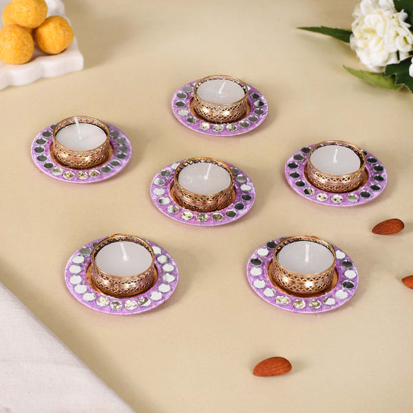 Lavender Tealight Holders With Mirror Decoration Set Of 6