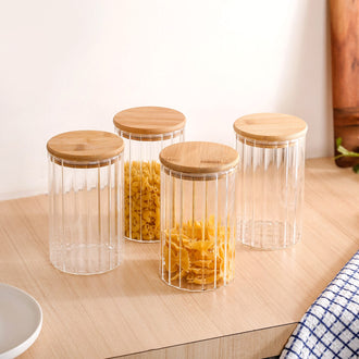 Ribbed Airtight Kitchen Storage Glass Jar Set Of 4 1000ml