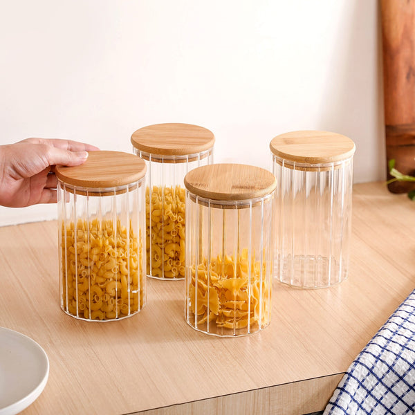 Ribbed Airtight Kitchen Storage Glass Jar Set Of 4 1000ml