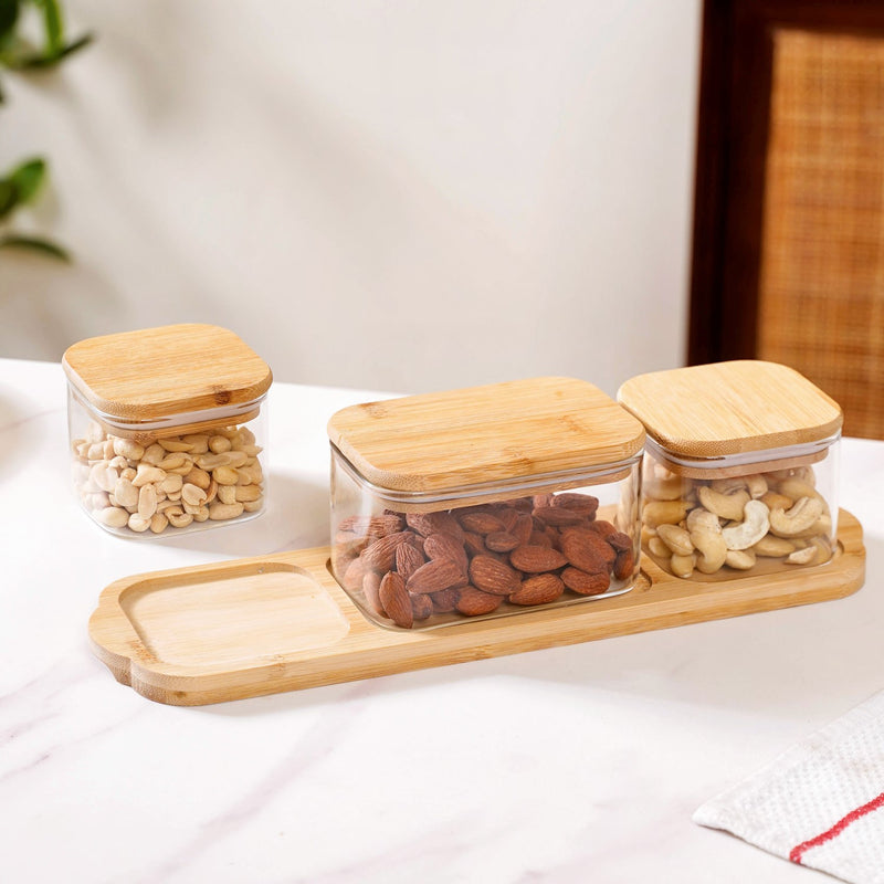 Set Of 3 Borosilicate Glass Snack Jars With Tray