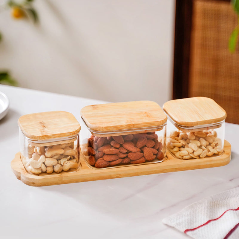 Set Of 3 Borosilicate Glass Snack Jars With Tray