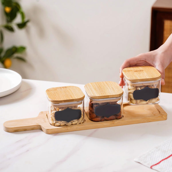 Set Of 3 Clear Glass Chalkboard Snack Serving Jars With Tray 350ml