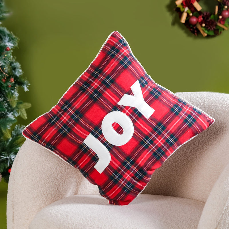 Joy Christmas Plaid Cushion Cover 16x16 Inch