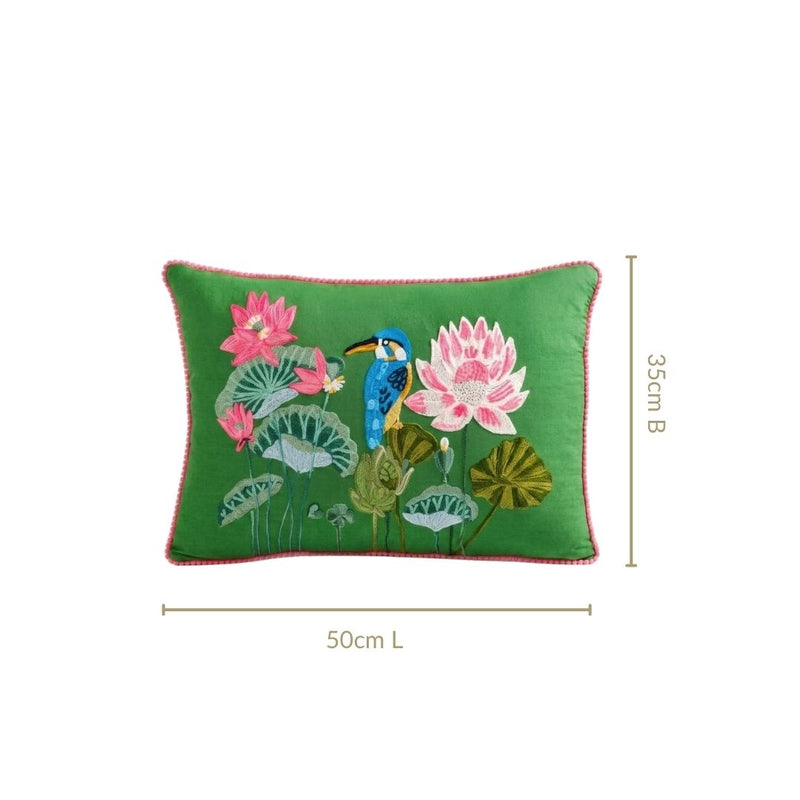 Kingfisher Pond Embroidered Cotton Cushion Cover 50x35cm