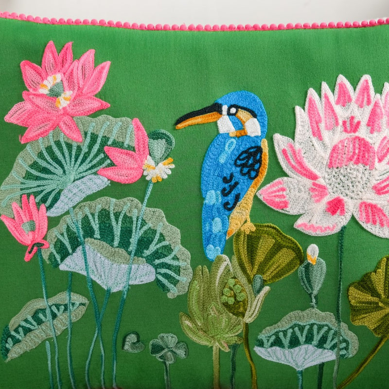 Kingfisher Pond Embroidered Cotton Cushion Cover 50x35cm
