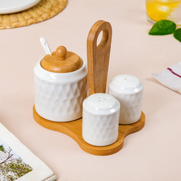 Ceramic Seasoning Jars Set Of 3 With Spoon And Wooden Stand