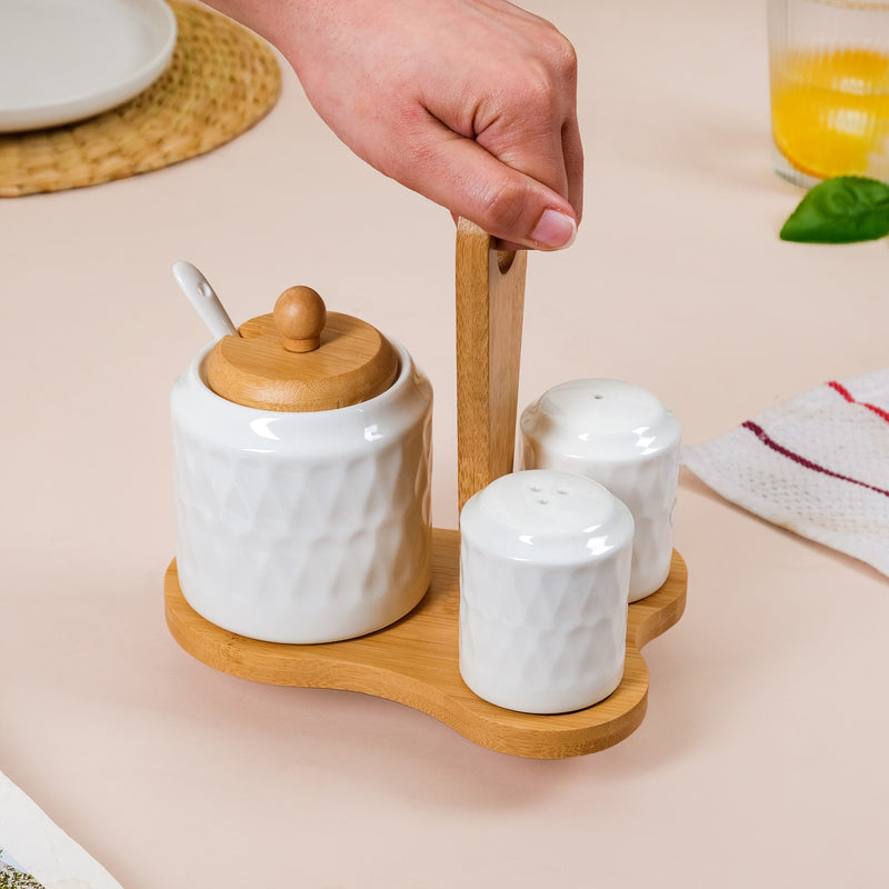 Ceramic Seasoning Jar Set Of 3 With Spoon And Wooden Stand