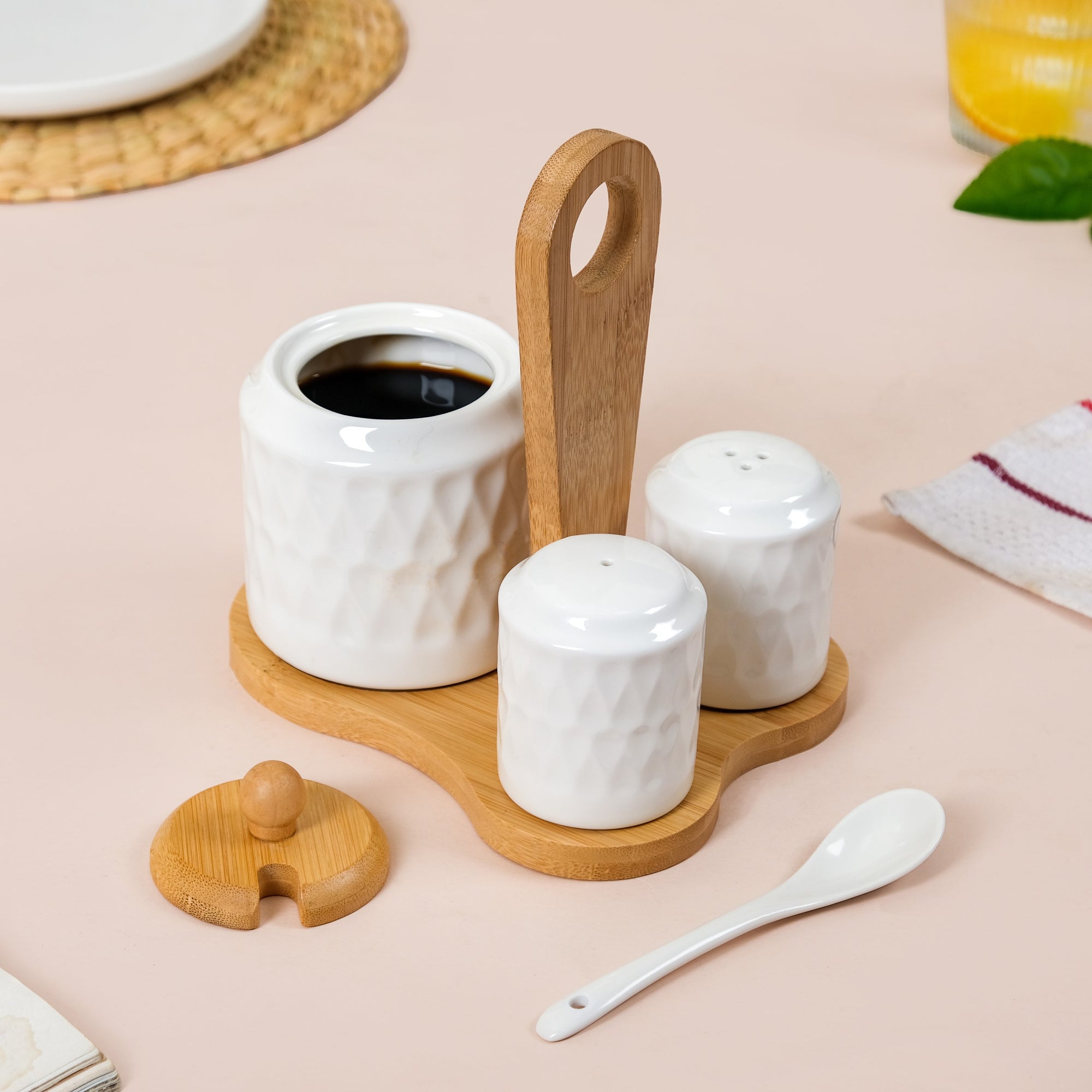 Ceramic Seasoning Jar Set Of With Spoon And Wooden Stand Online
