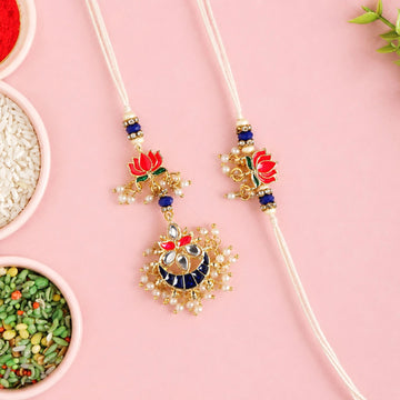Kundan Stonework Lotus Rakhi Hamper For Couple