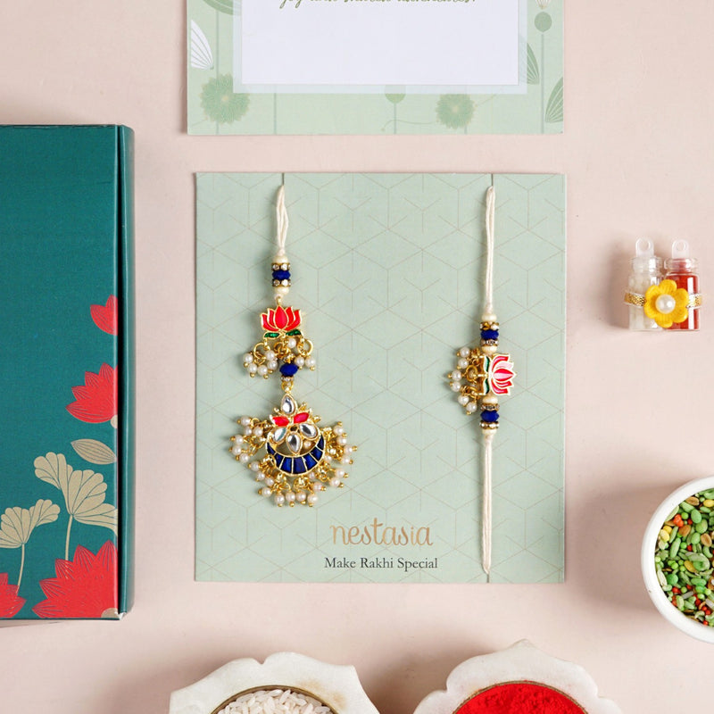 Kundan Stonework Lotus Rakhi Hamper For Couple