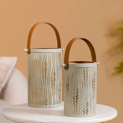 Set Of 2 Lanterns With Leaf Trail Cutwork Sage Green