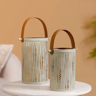 Set Of 2 Lanterns With Leaf Trail Cutwork Sage Green