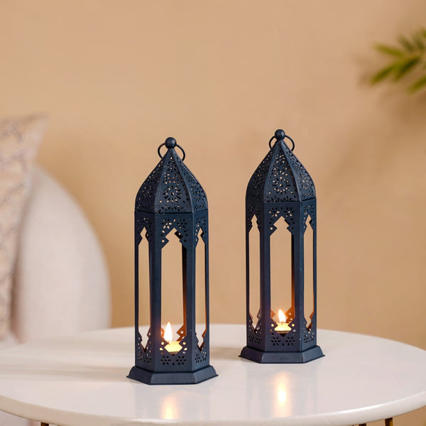 Steel Blue Moroccan Candle Holder Lantern Set Of 2