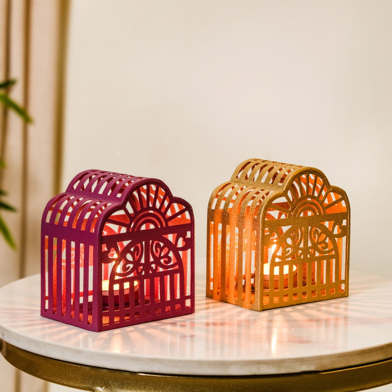 Set Of 2 Festive Lanterns With Metal Cutwork For Tealights