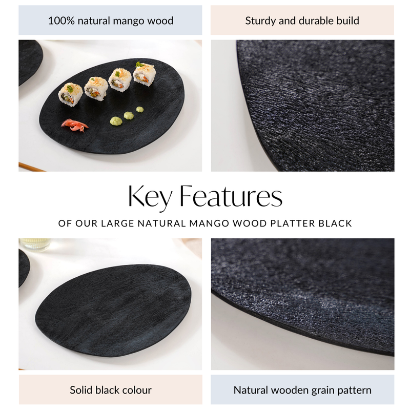 Large Natural Mango Wood Platter Black -Serving platter, black platter, wooden platter, snacks serving platter, platter for snacks