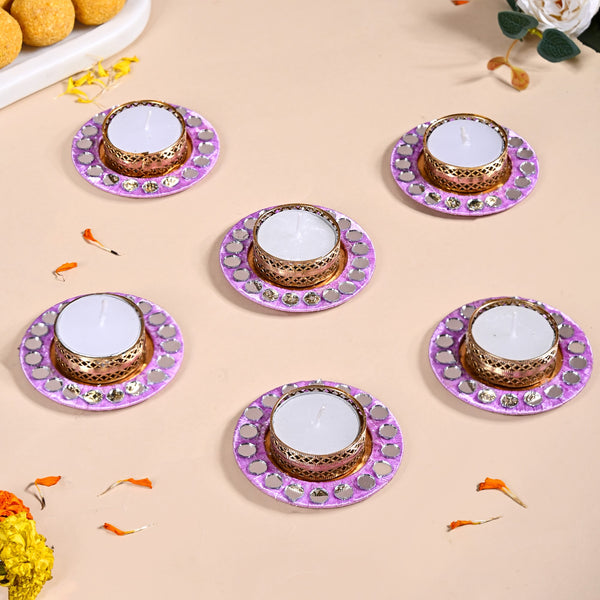 Lavender Tealight Holders With Mirror Decoration Set Of 6