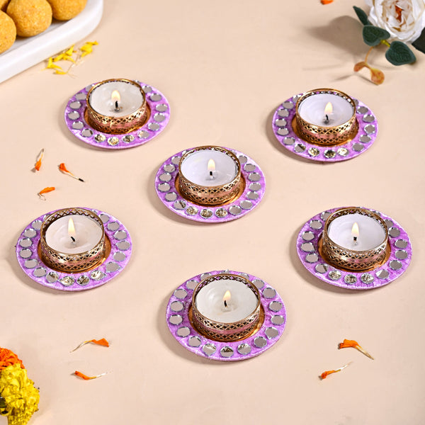 Lavender Tealight Holders With Mirror Decoration Set Of 6