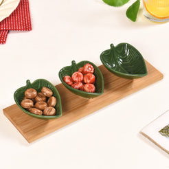 Set Of 3 Green Foliage Small Ceramic Bowls With Tray 50ml